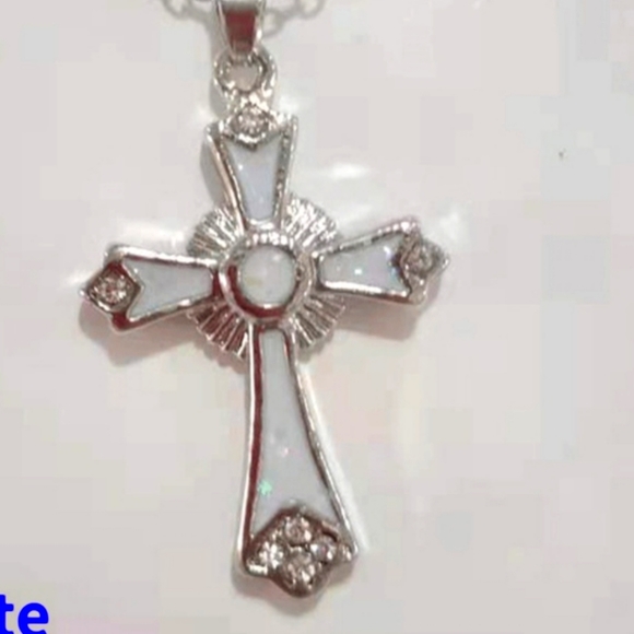 Fire Opal Cross 16 inch Stirling silver  chain included - Picture 2 of 4
